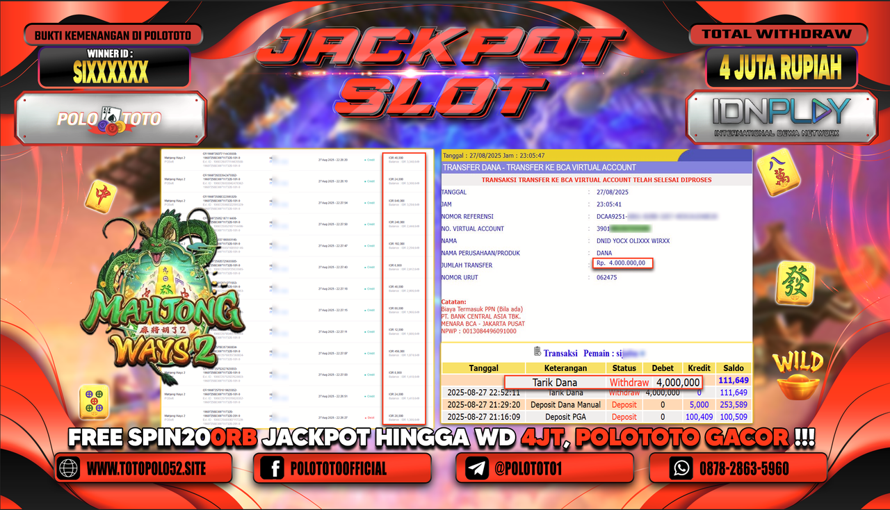 POLOTOTO JACKPOT SLOT MAHJONG WAYS 2 Rp.4.000.000,- LUNAS