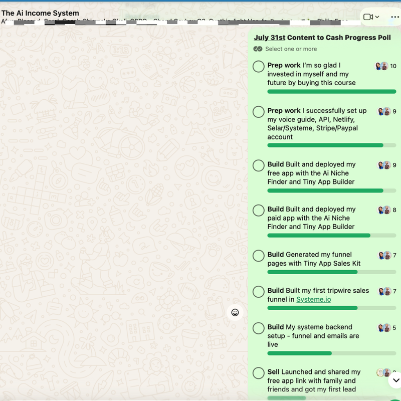 Real WhatsApp feedback from an AI Income System student
