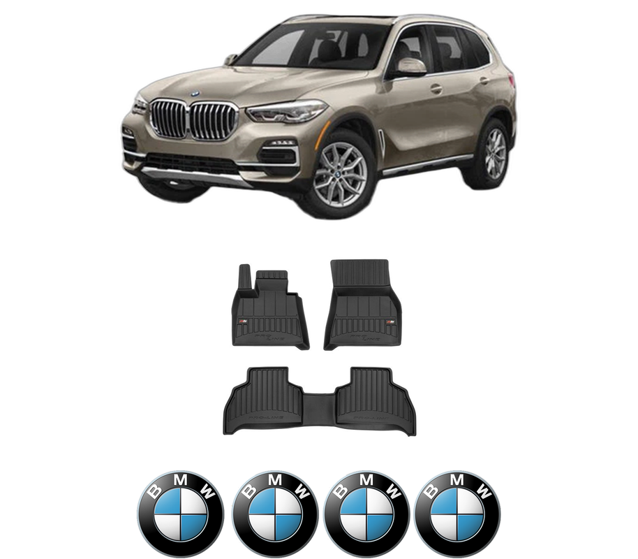 Set covorase presuri BMW Seria X5 (G05, F95) din 2018-2023, auto, din cauciuc thermoplastic, 4 Stickere auto cu BMW Seria