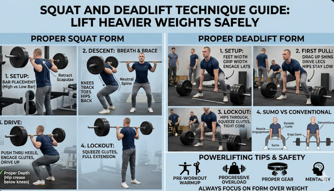 Squat and deadlift technique guide showing proper form for deadlift with flat back and engaged lats for how to lift heavier weights safely