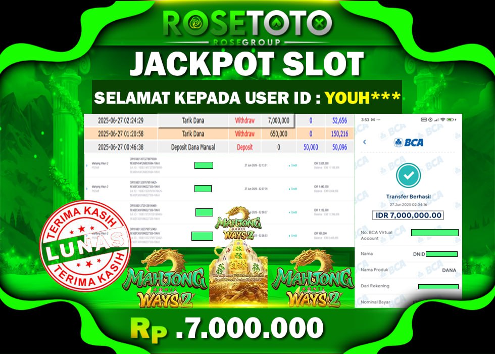 ROSETOTO JACKPOT SLOT MAHJONG WAYS2 Rp.7.000.000.,- LUNAS