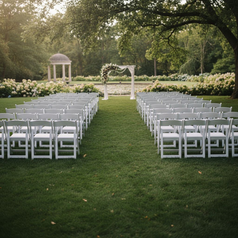 Ряды элегантных белых стульев, подготовленных для выездной регистрации на природе, демонстрируют преимущества аренды мебели для создания стильной атмосферы.