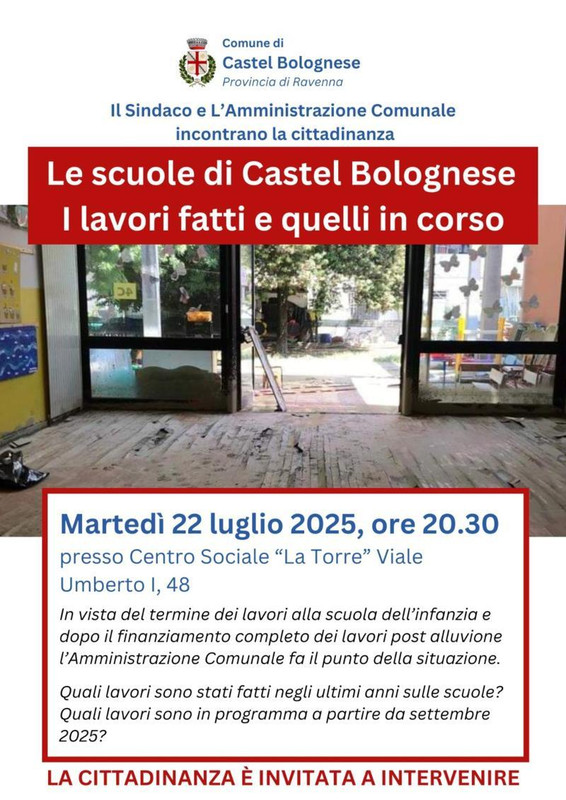 Scuole a Castel Bolognese: martedì 22 luglio incontro pubblico su lavori e progetti futuri