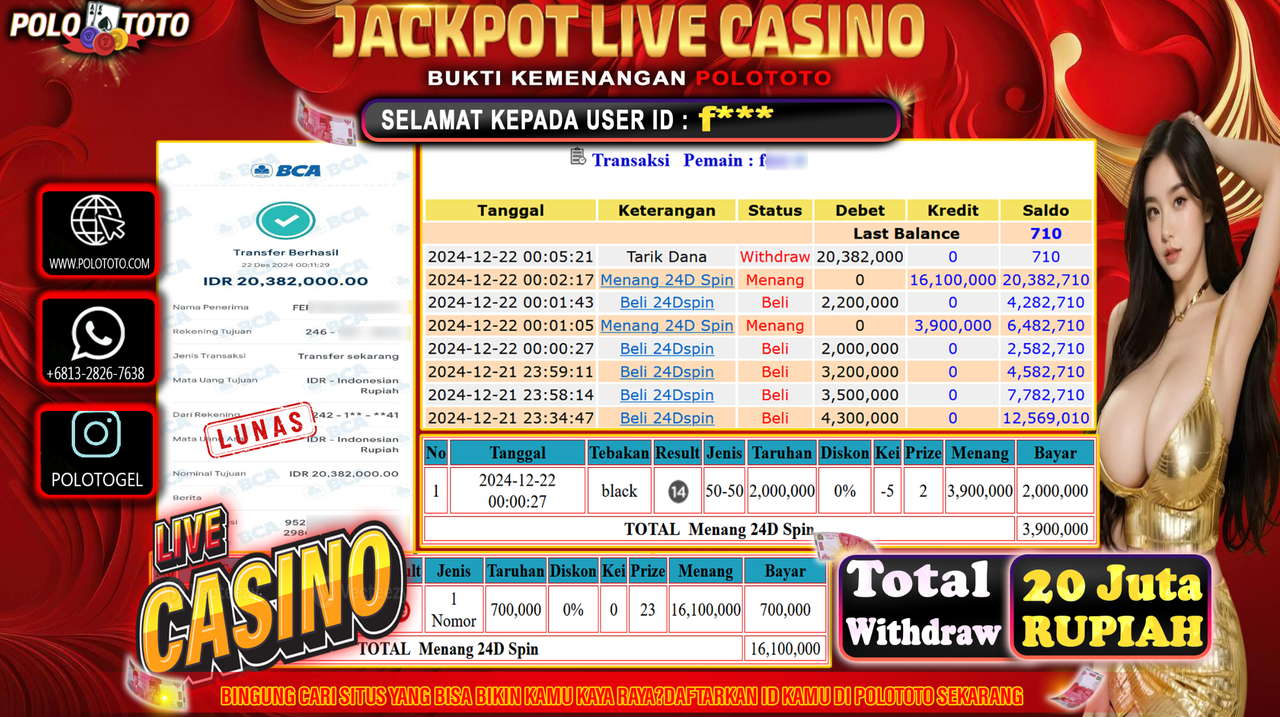 POLOTOTO JACKPOT LIVE CASINO 24DSPIN Rp.20,382.000,-