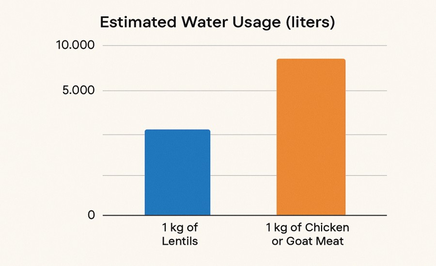 comparison showing the estimated water usage 1kg of lentils versus chicken or goat meat
