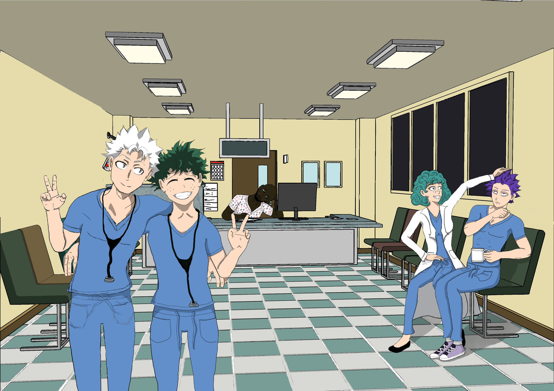A drawing of Izuku and Natsuo posing for a photo in the clinic with Shinso and Sakuma fighting in the background.