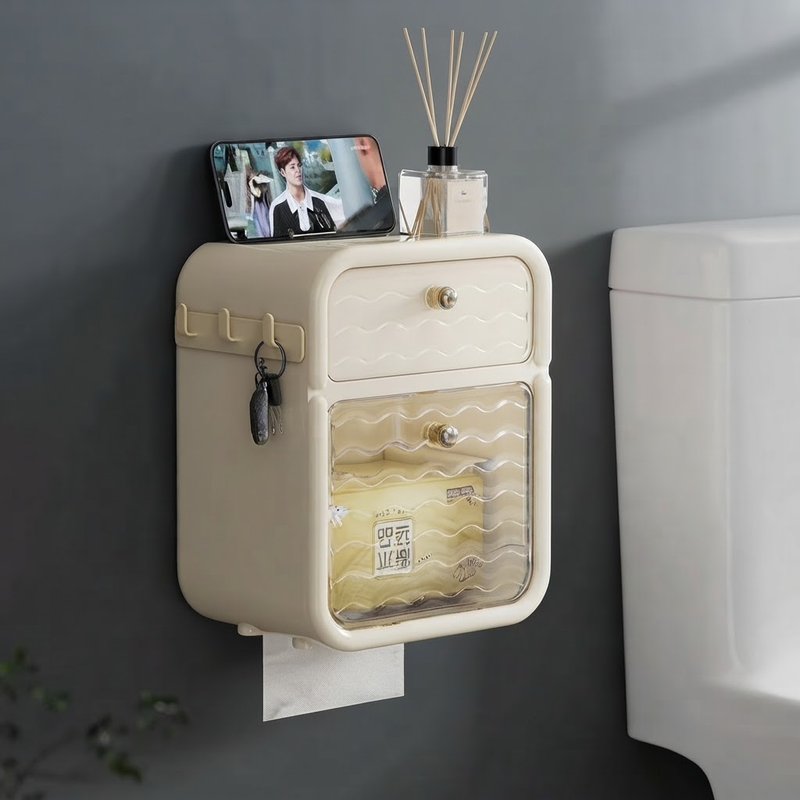 Punch-Free Wall-Mounted Tissue Holder with Storage Drawer
