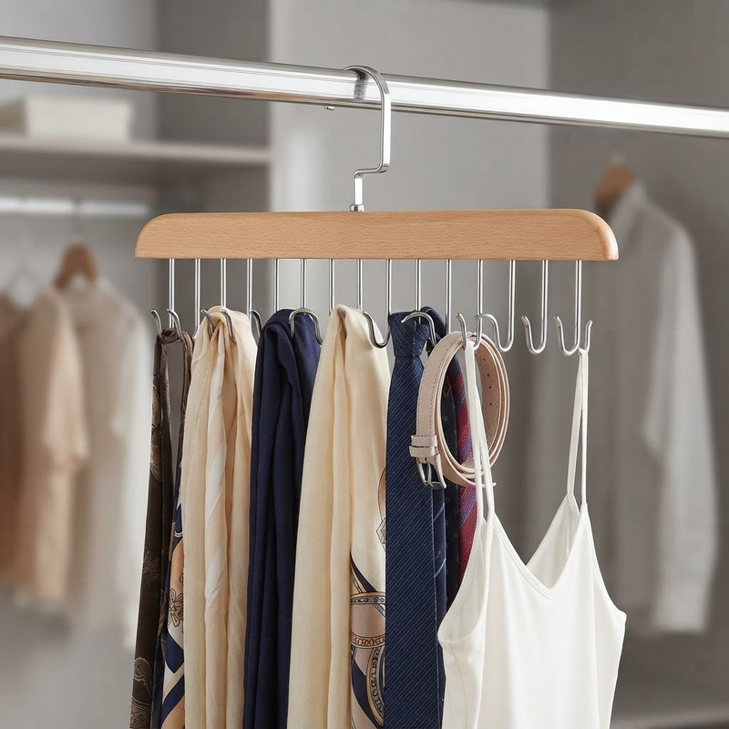 Wooden Multi-Purpose Hook Hanger for Belts, Ties, and Scarves