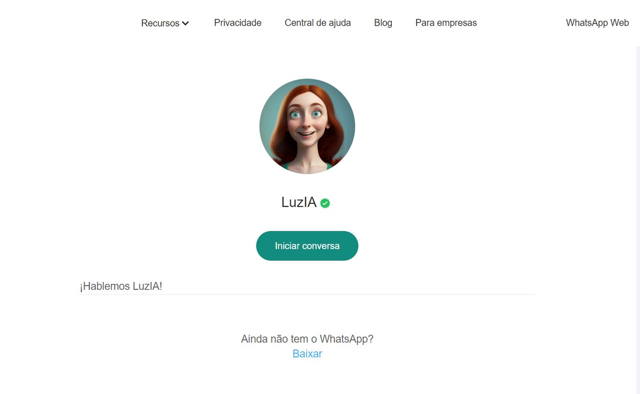 Página de início de conversa com link para WhatsApp da LuzIA, inteligência artificial. Imagem divulgação https://soyluzia.com/
