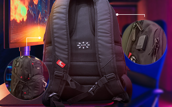 Bulto Xtech Battlestash mostrando sus compartimentos para laptop, audífonos y otros periféricos.
