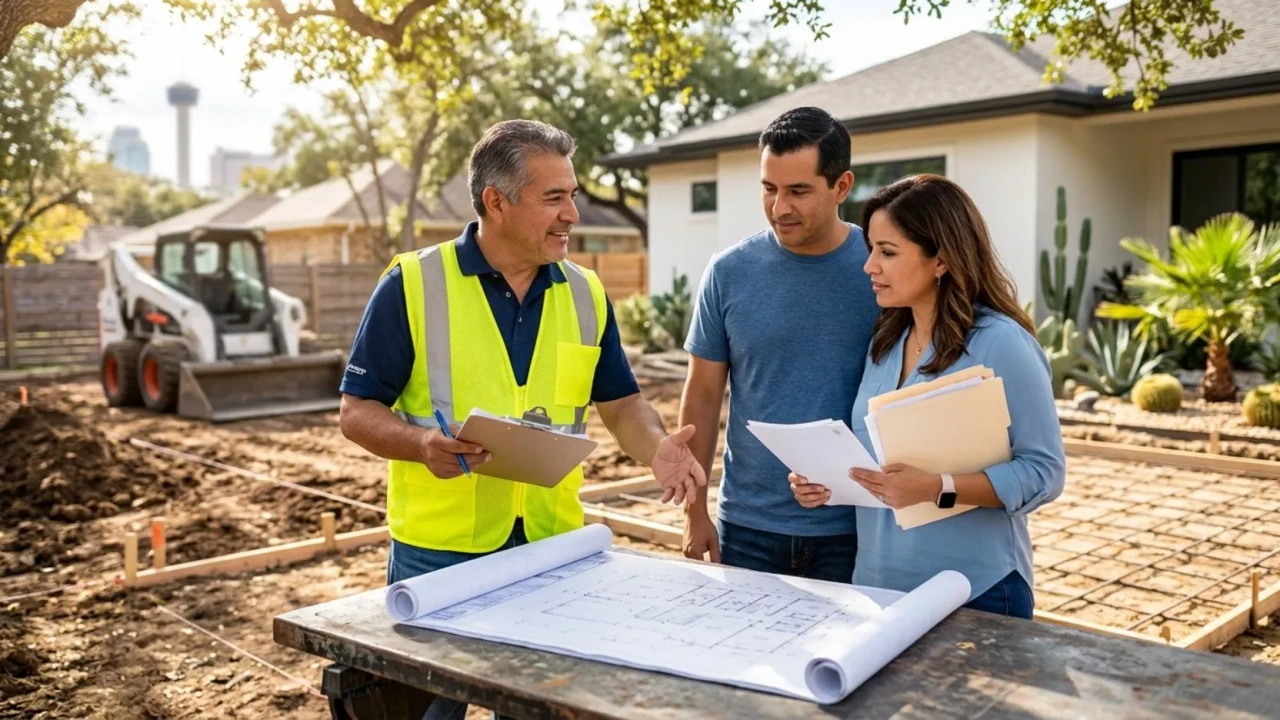 Concrete contractor walking a San Antonio homeowner through project plans and permit requirements on site