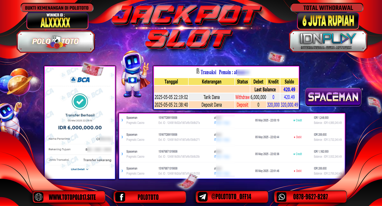 POLOTOTO JACKPOT SLOT SPACEMAN Rp.6.000.000,-