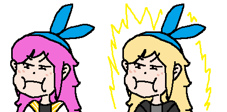 Aubrey pouting in both her normal and Super form