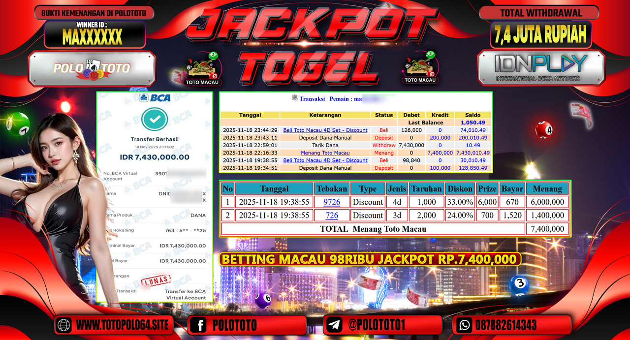 POLOTOTO JACKPOT TOGEL MENANG TOTO MACAU Rp.7.400.000,- LUNAS