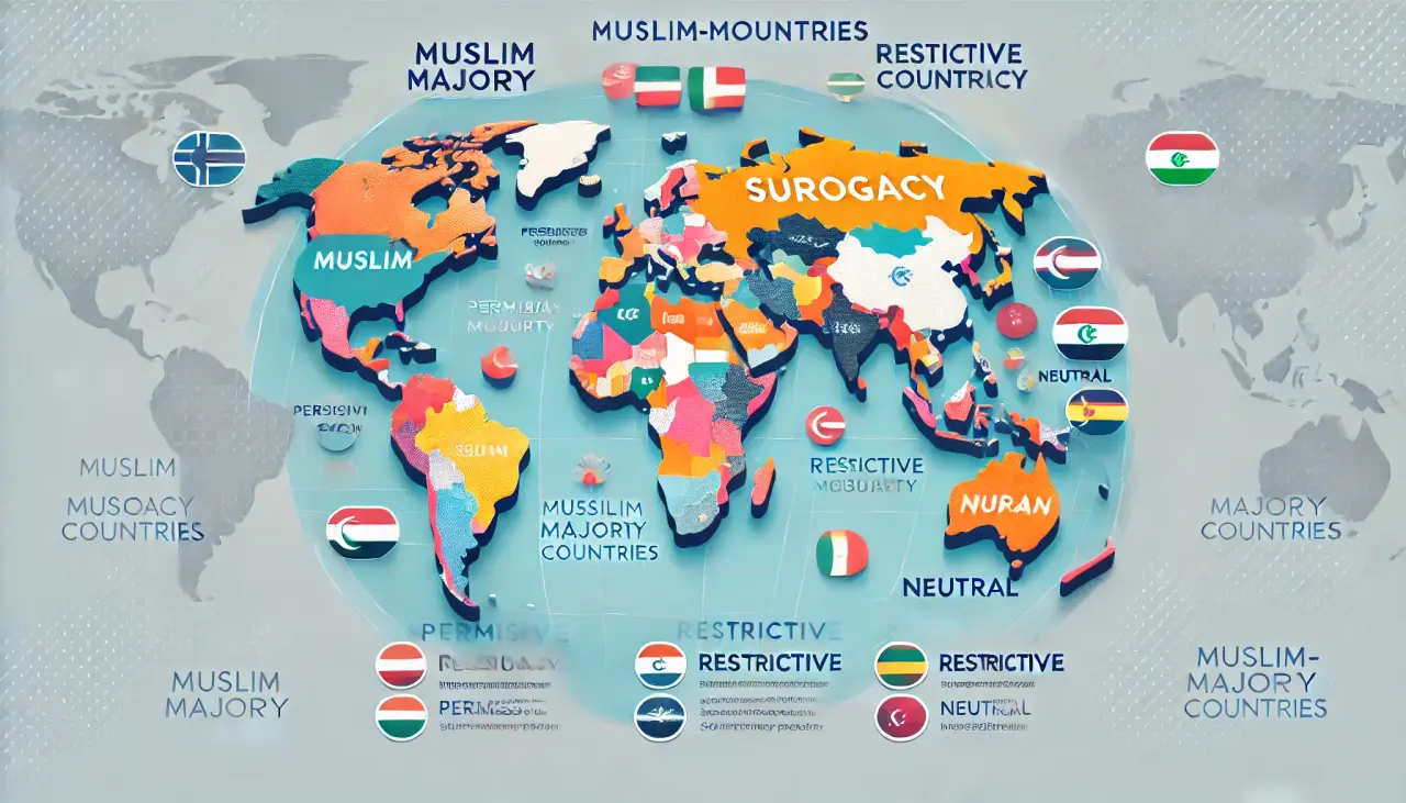 Infographic showing conditions for permissible surrogacy in Islam, emphasizing marriage and non-commercialization.