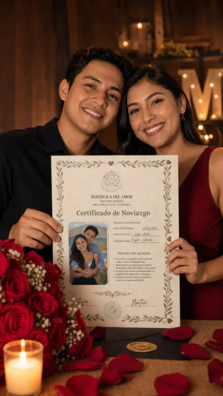 Pareja sosteniendo su Certificado de Amor personalizado impreso y en el celular