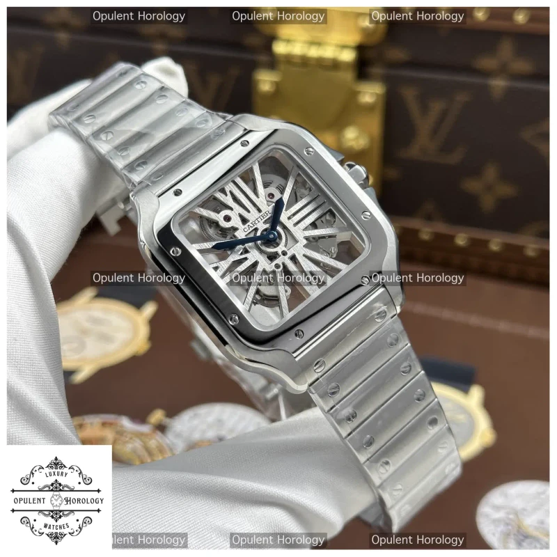 Cartier Santos Skeleton Replica Watch | 39.8mm Stainless Steel Metal Bracelet - Super Clone