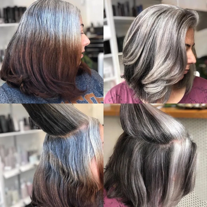 Mature woman with a lob haircut and gray hair dyed into black and blonde highlights