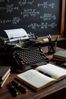 A moody writer’s desk with a vintage typewriter, notebook, and pens, overlaid with faint mathematical formulas—symbolizing the creative balance between logic and storytelling.