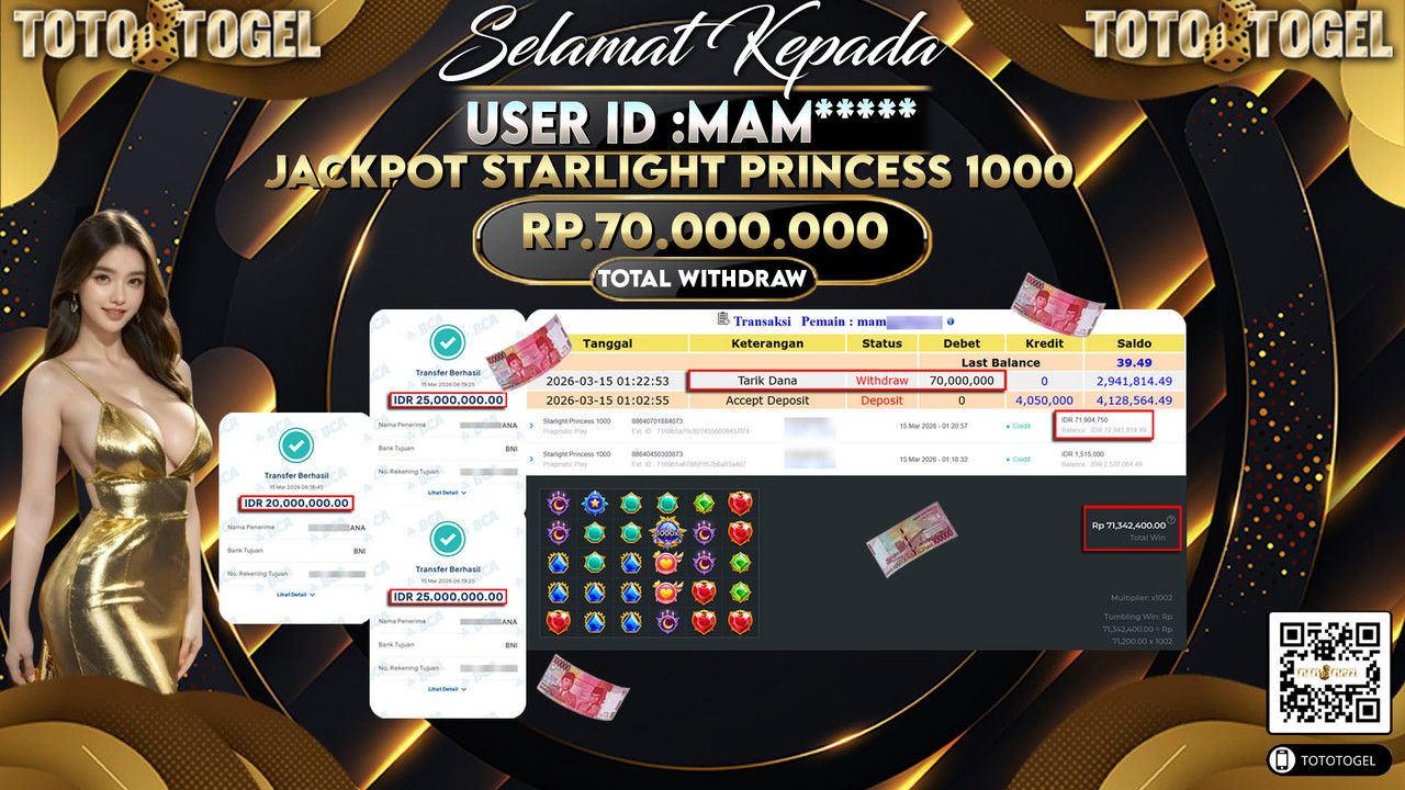Bukti Pembayaran Jackpot Permainan Slot Starlight Princess 1000 ID:MAM*****LUNAS