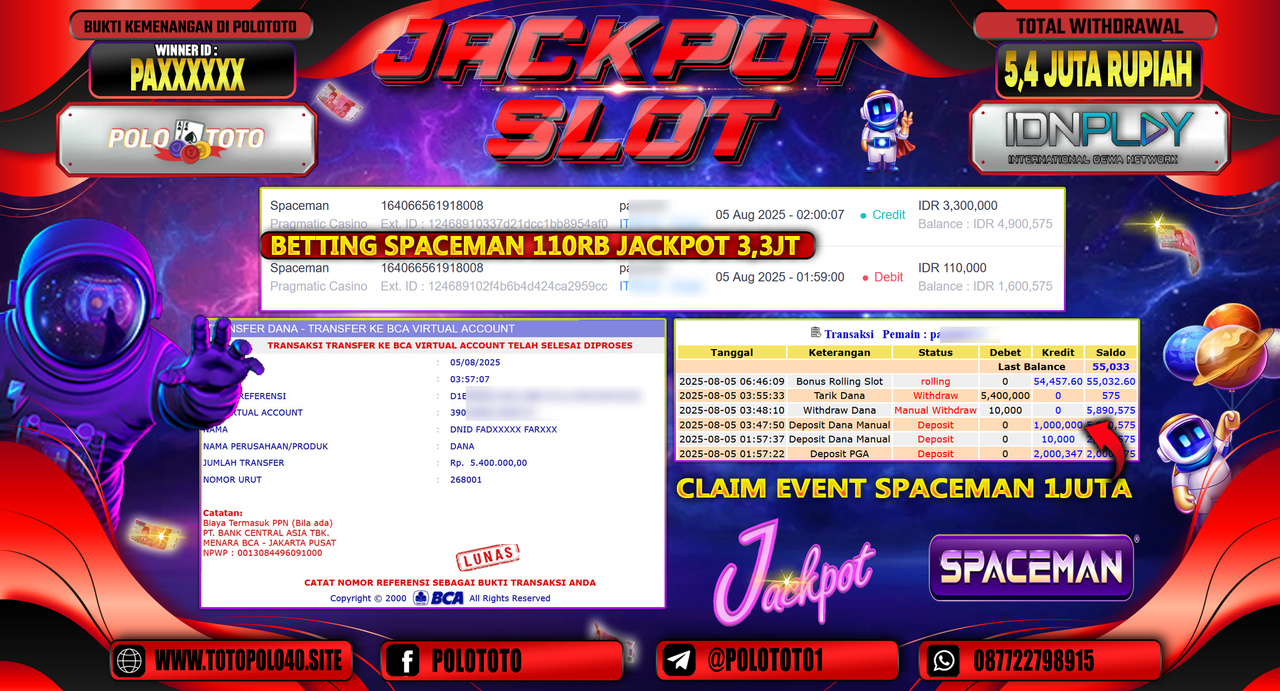 POLOTOTO JACKPOT SLOT SPACEMAN Rp.5.400.000,-LUNAS