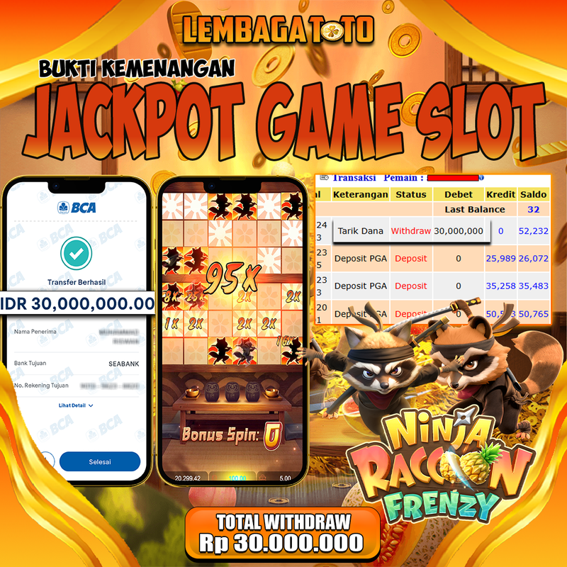 BUKTI JACKPOT 24 NOVEMBER LEMBAGATOTO NINJA RACOON FRENZY Rp.30.000.000,- LUNAS