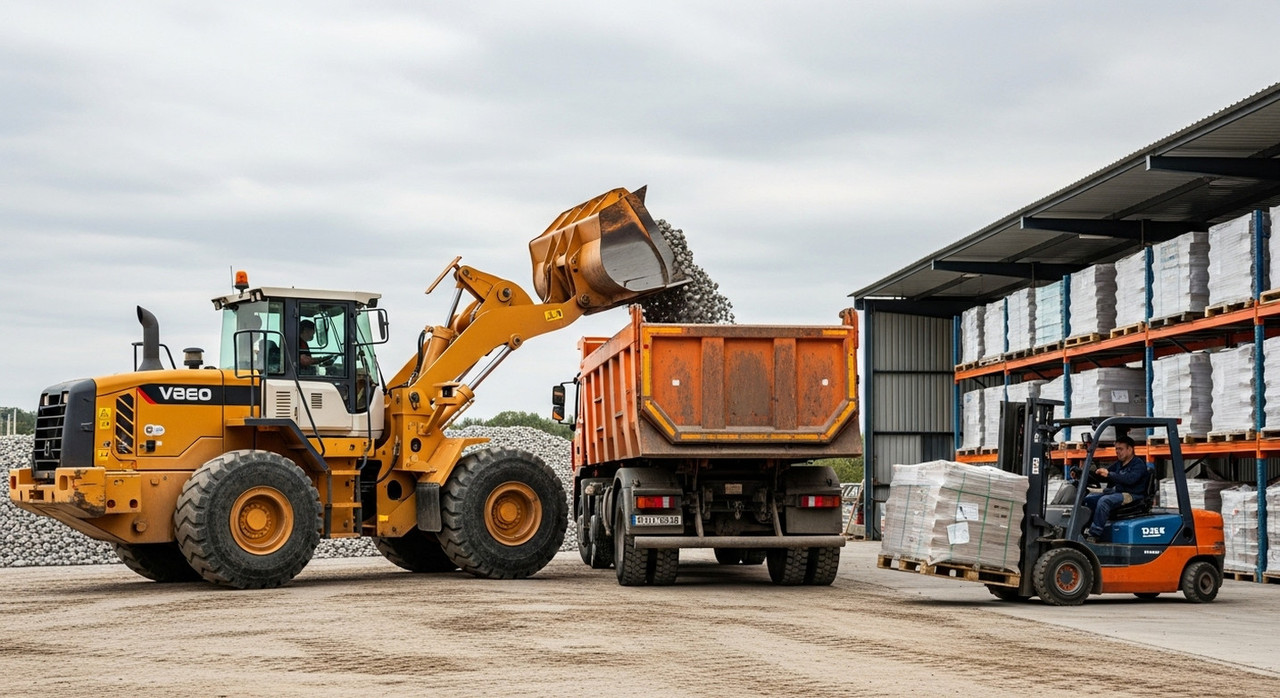 Фронтальный погрузчик загружает щебень в самосвал, работа с материалами и логистикой на спецтехнике для стройплощадки