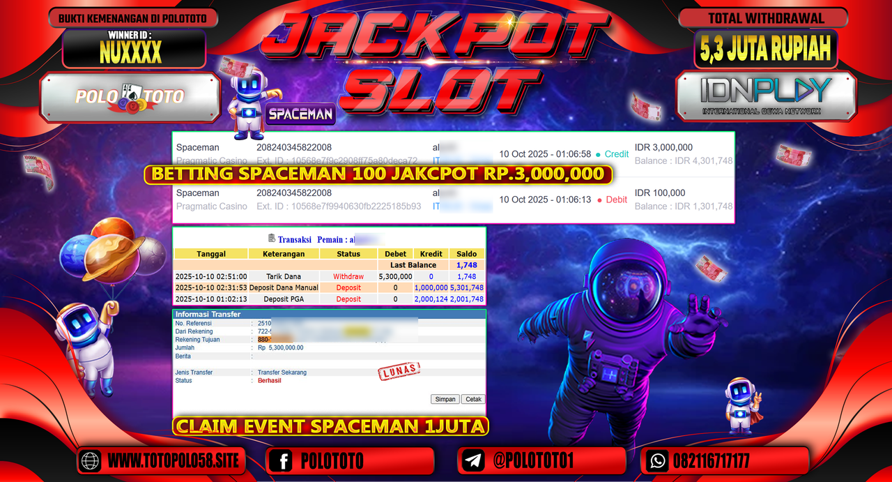 POLOTOTO JACKPOT SLOT SPACEMAN Rp.5.300.000,- LUNAS