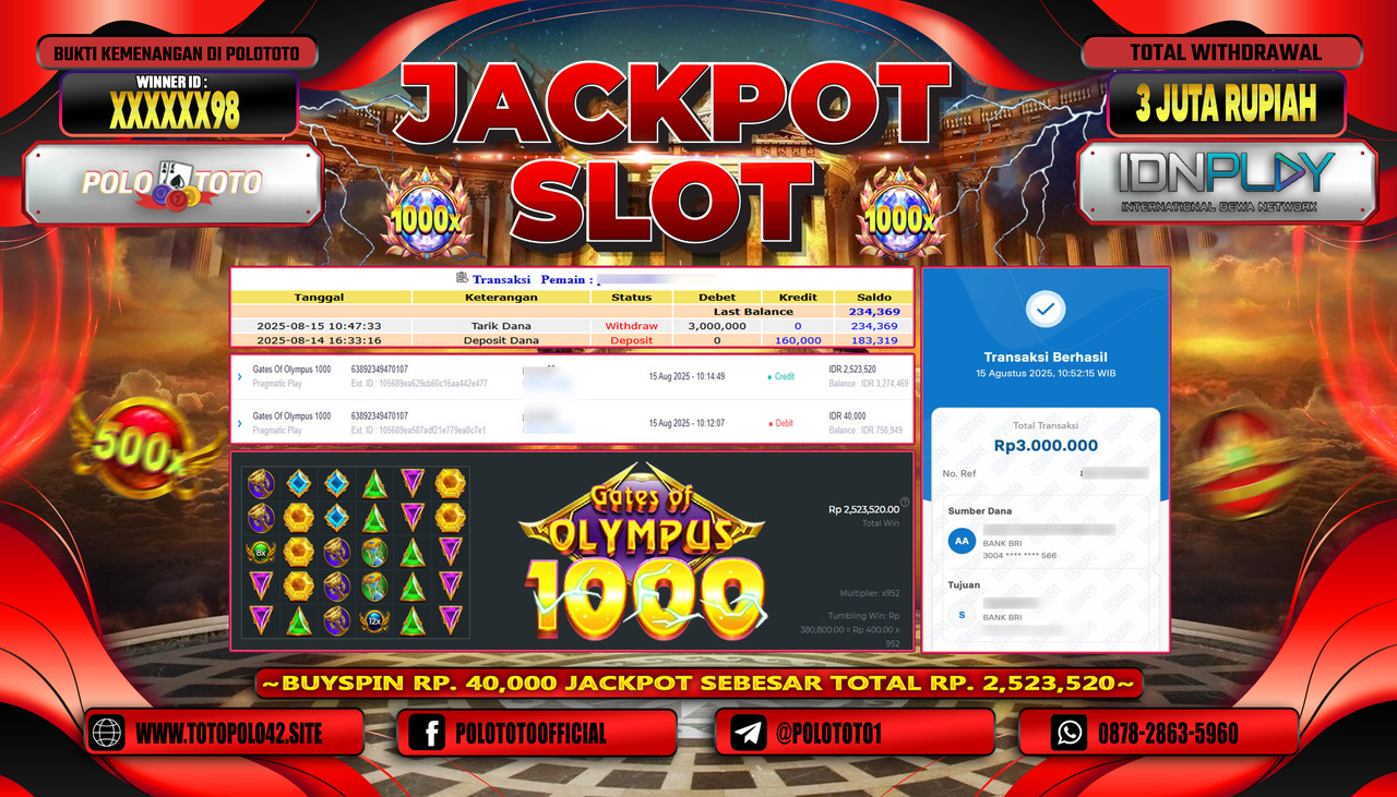 POLOTOTO JACKPOT SLOT GATES OF OLYMPUS 1000 Rp.3.000.000,-LUNAS
