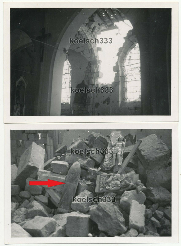 2 Fotos Blindgänger Bombe in der Kirche von Mussy la Ville Musson Belgien 1940