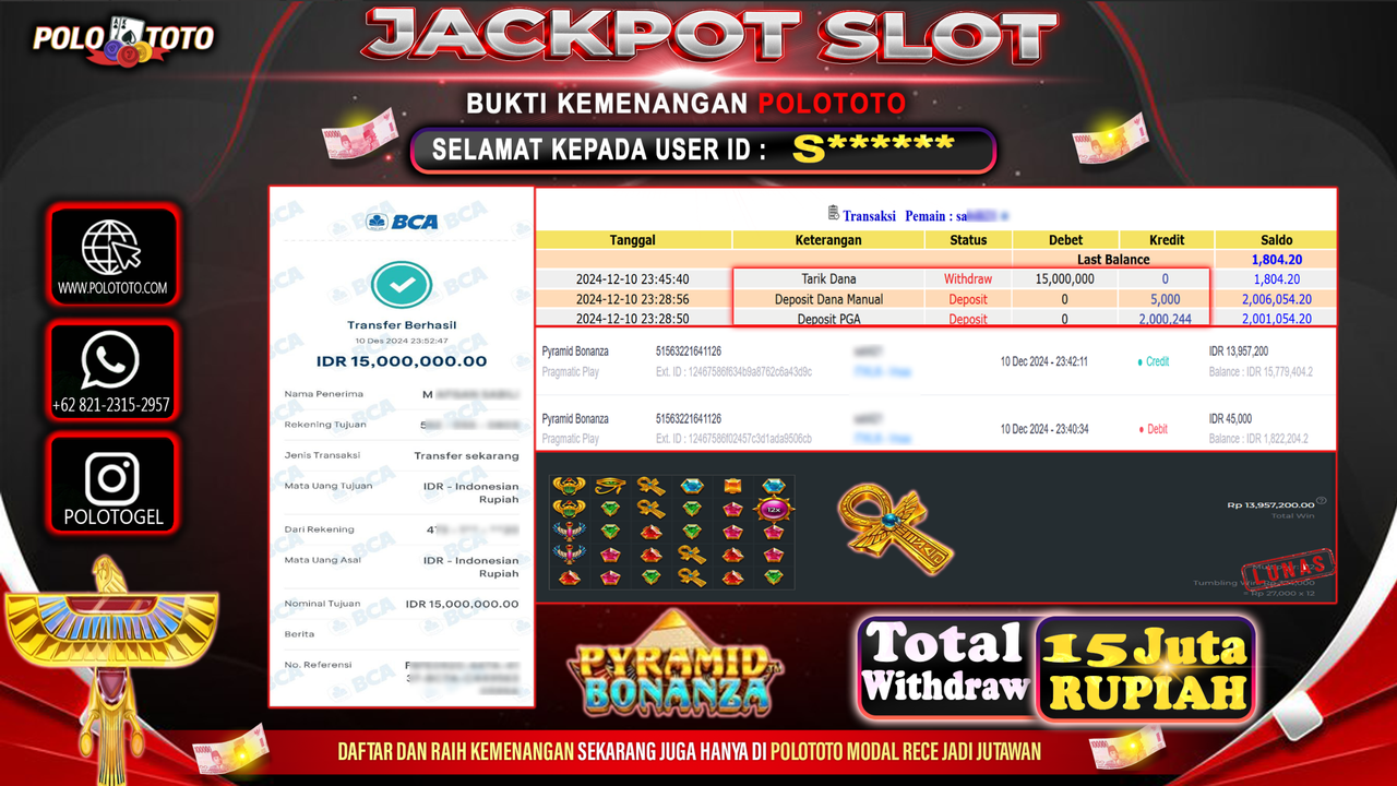 POLOTOTO JACKPOT SLOT PYRAMID BONANZA Rp.15,000.000,-