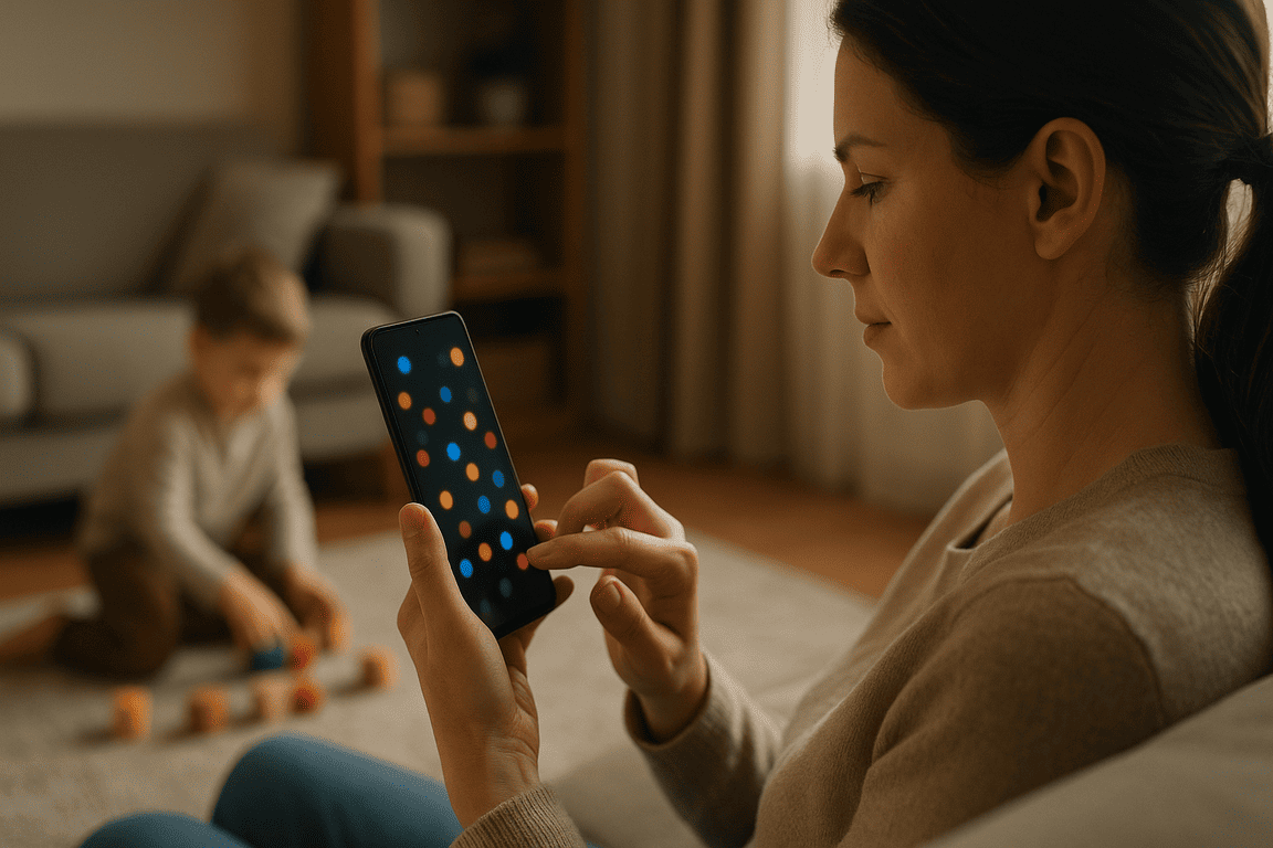 Мама играет на смартфоне на коротком перерыве