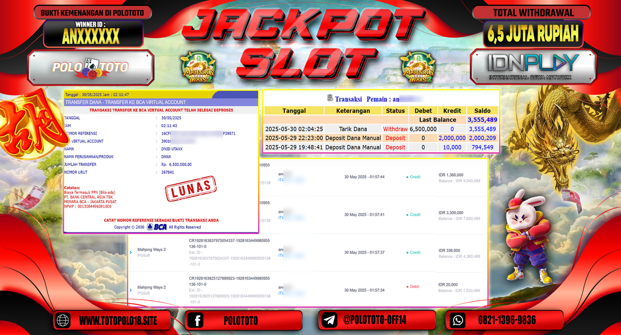 POLOTOTO JACKPOT SLOT MAHJONG WAYS 2 Rp.6.500.000,-
