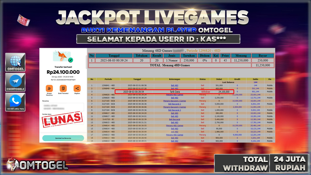 OMTOGEL JACKPOT LIVEGAMES BACCARAT 2, 48D 21 JUTA DI BAYAR LUNAS ,-