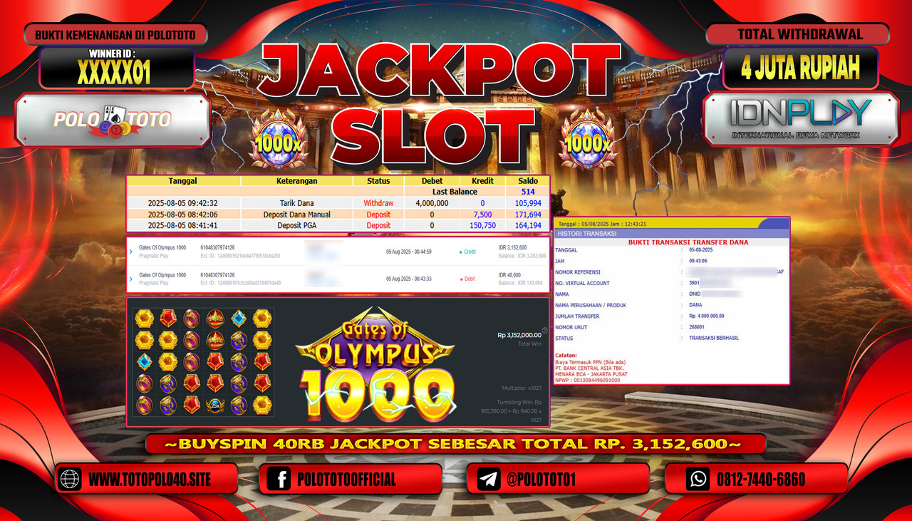 POLOTOTO JACKPOT SLOT GATES OF OLYMPUS 1000 Rp.4.000.000,-LUNAS