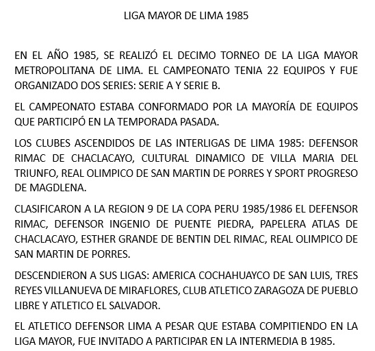 Liga Mayor de Lima 1985 parte 1