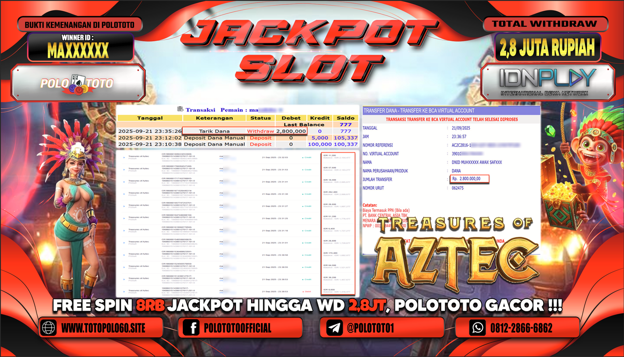 POLOTOTO JACKPOT SLOT TREASURES OF AZTEC Rp.2.800.000,-