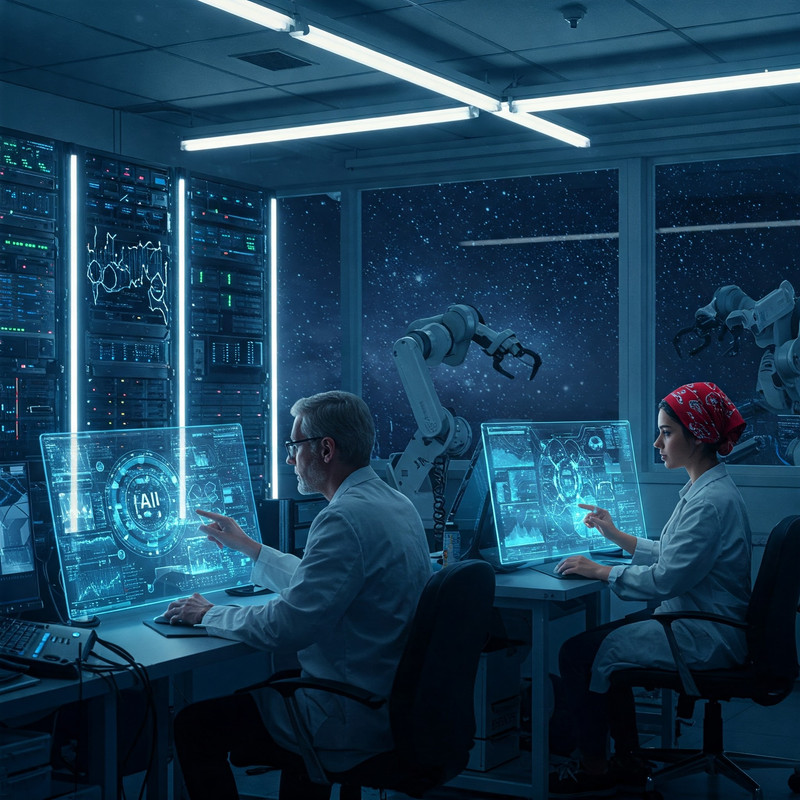 AI in Space Exploration, showing a futuristic spacecraft being guided by an AI interface with holographic projections of star systems.