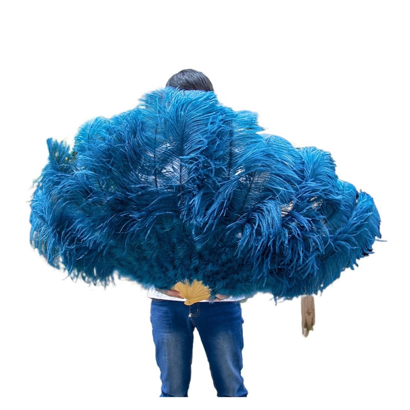 13Bones Rose Pink Ostrich Feather Fan 100 130CM Large for Dance Show Party Folding Hand Customed(Blu
