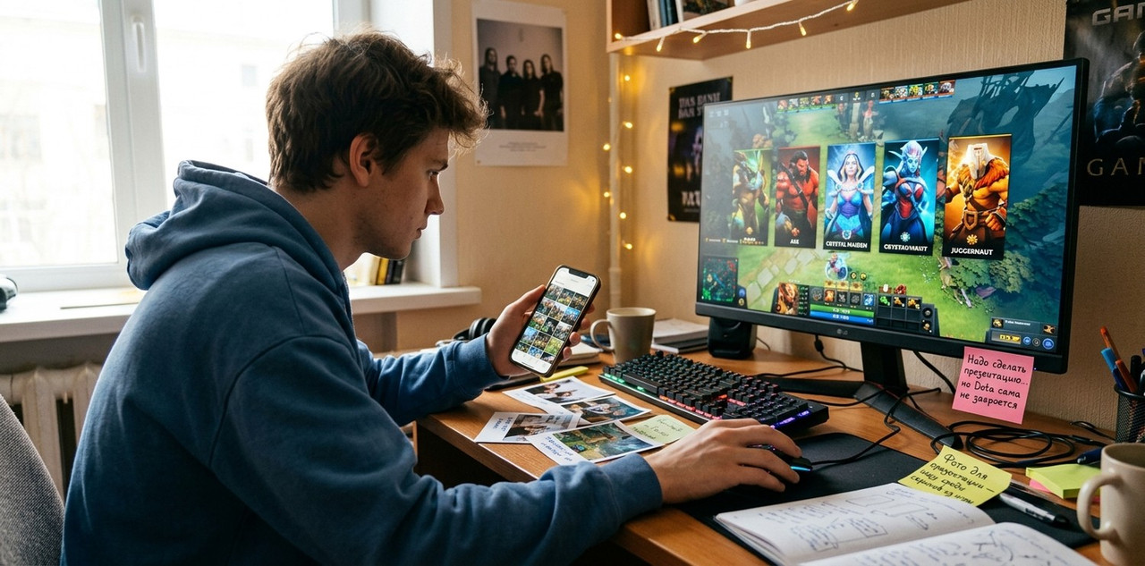 student sitting at a messy desk, holding a smartphone