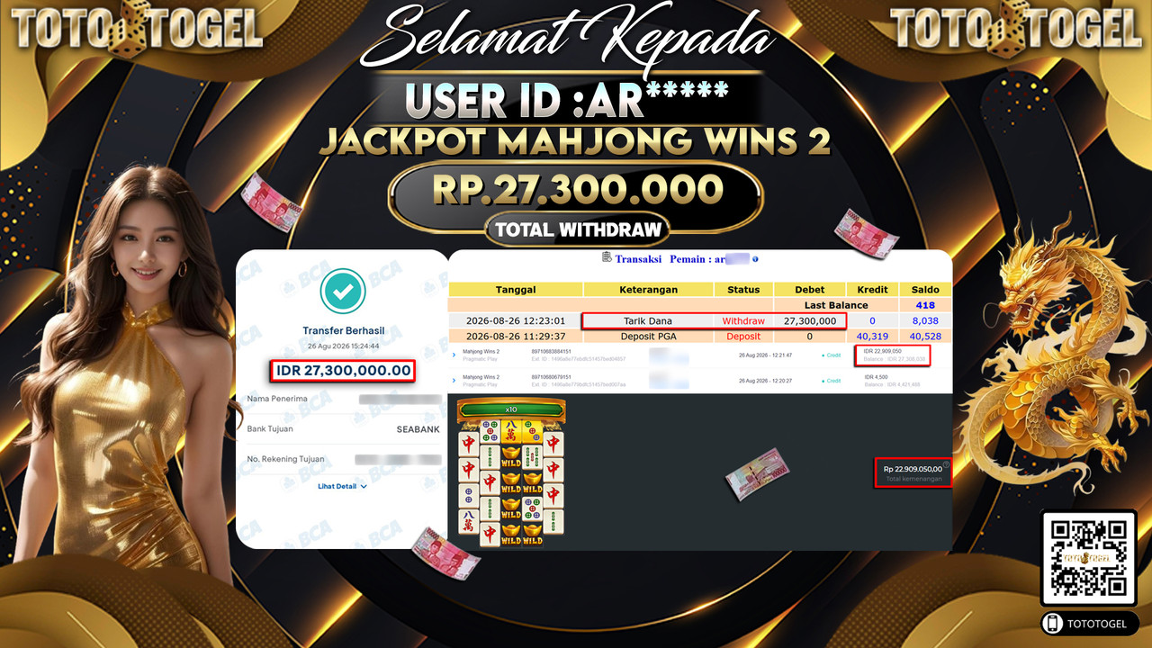 Bukti Pembayaran Jackpot Slot Mahjong Wins 2 ID:AR*****LUNAS