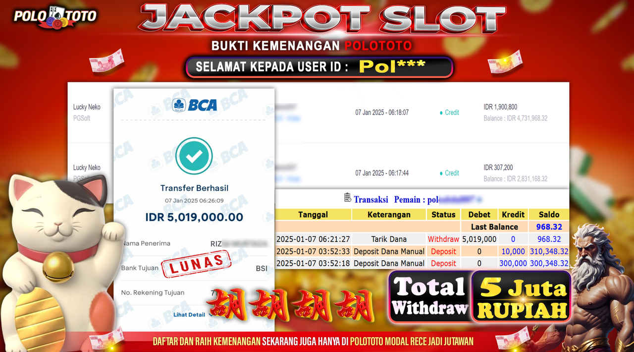 POLOTOTO JACKPOT SLOT LUCKY NEKO Rp.5,019.000,-