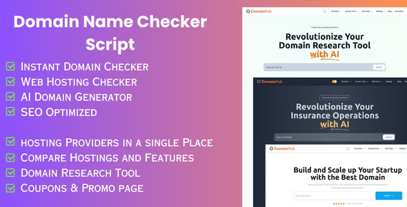 Domain Hub – Domain Checker, AI Name Generator, Who-is-hosting, Whois, DNS React Nextjs tools