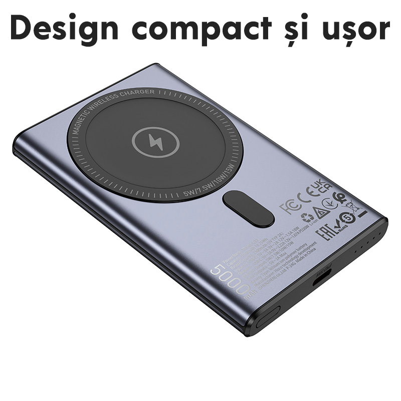 Baterie externa cu incarcare wireless Hoco Q32, PD20W, 1xUSB-C, Magnetica, 5000mAh, Incarcare rapida, Gri Baterie Magnetica HOCO Q32 Incarcare Wireless 5000mah Indicator LED Negru 1