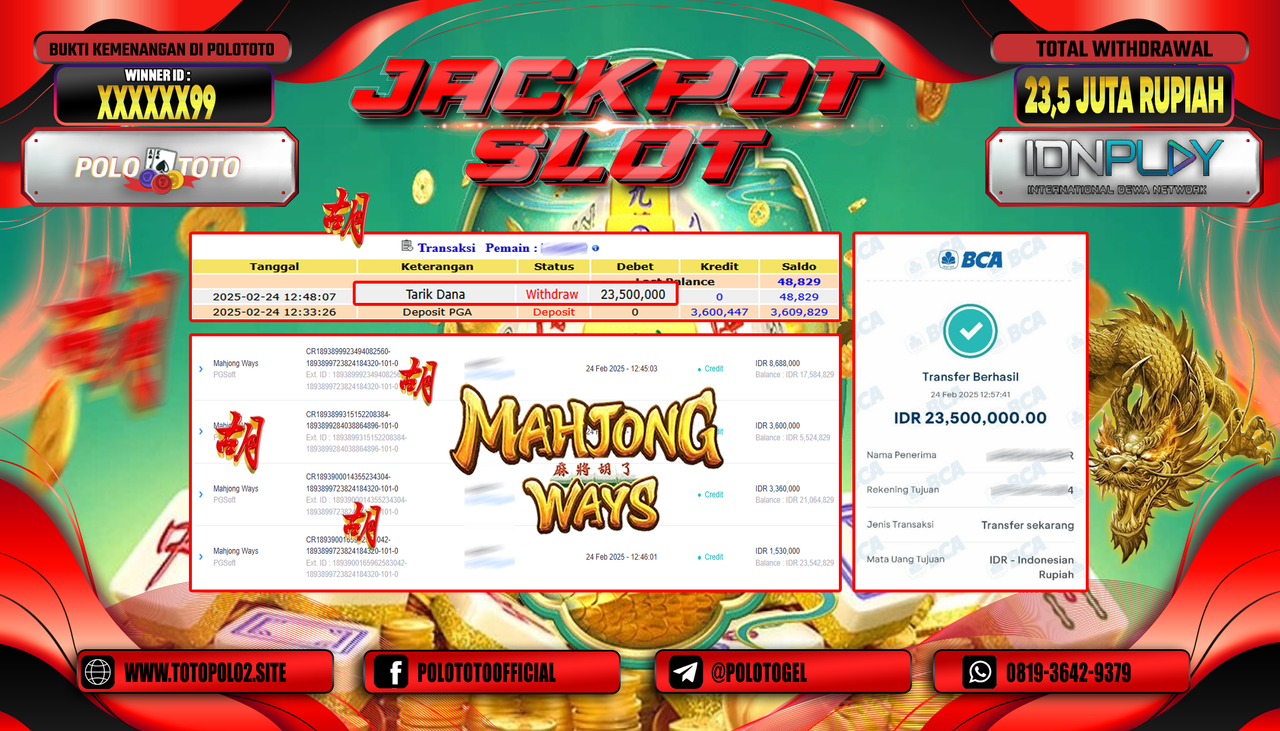 POLOTOTO JACKPOT SLOT MAHJONG WAYS Rp.23.500.000,- 