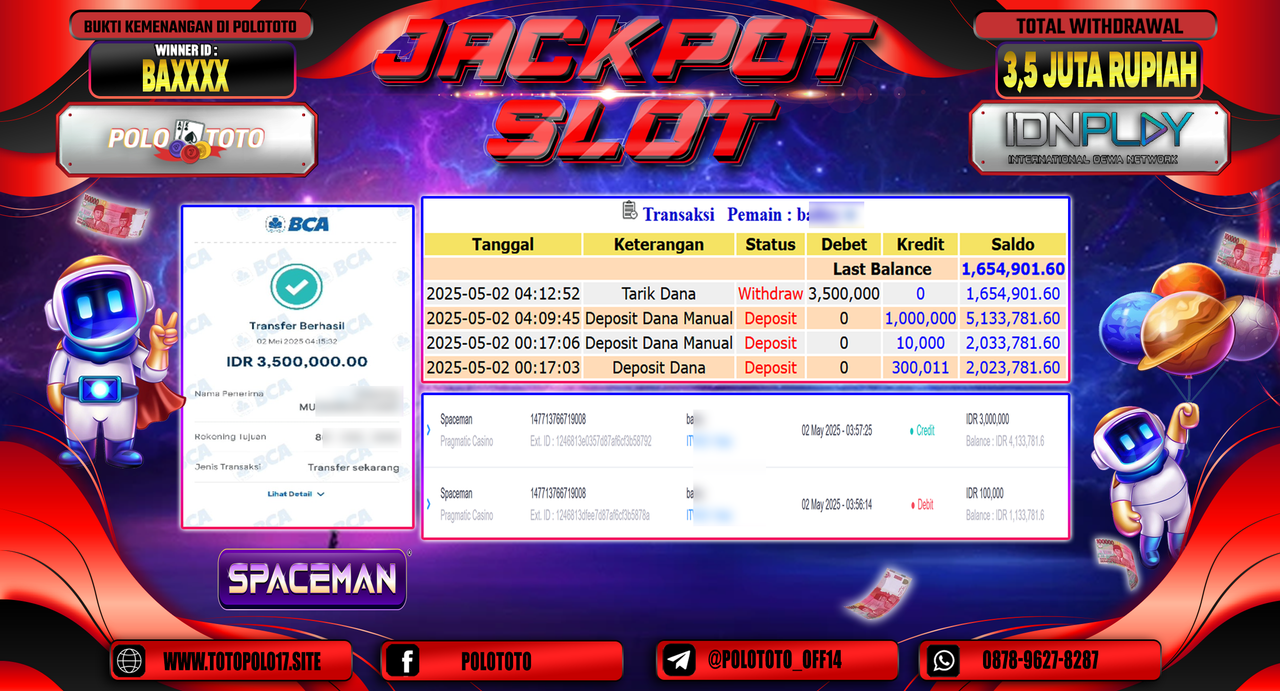 POLOTOTO JACKPOT SLOT SPACEMAN Rp.3.500.000,-