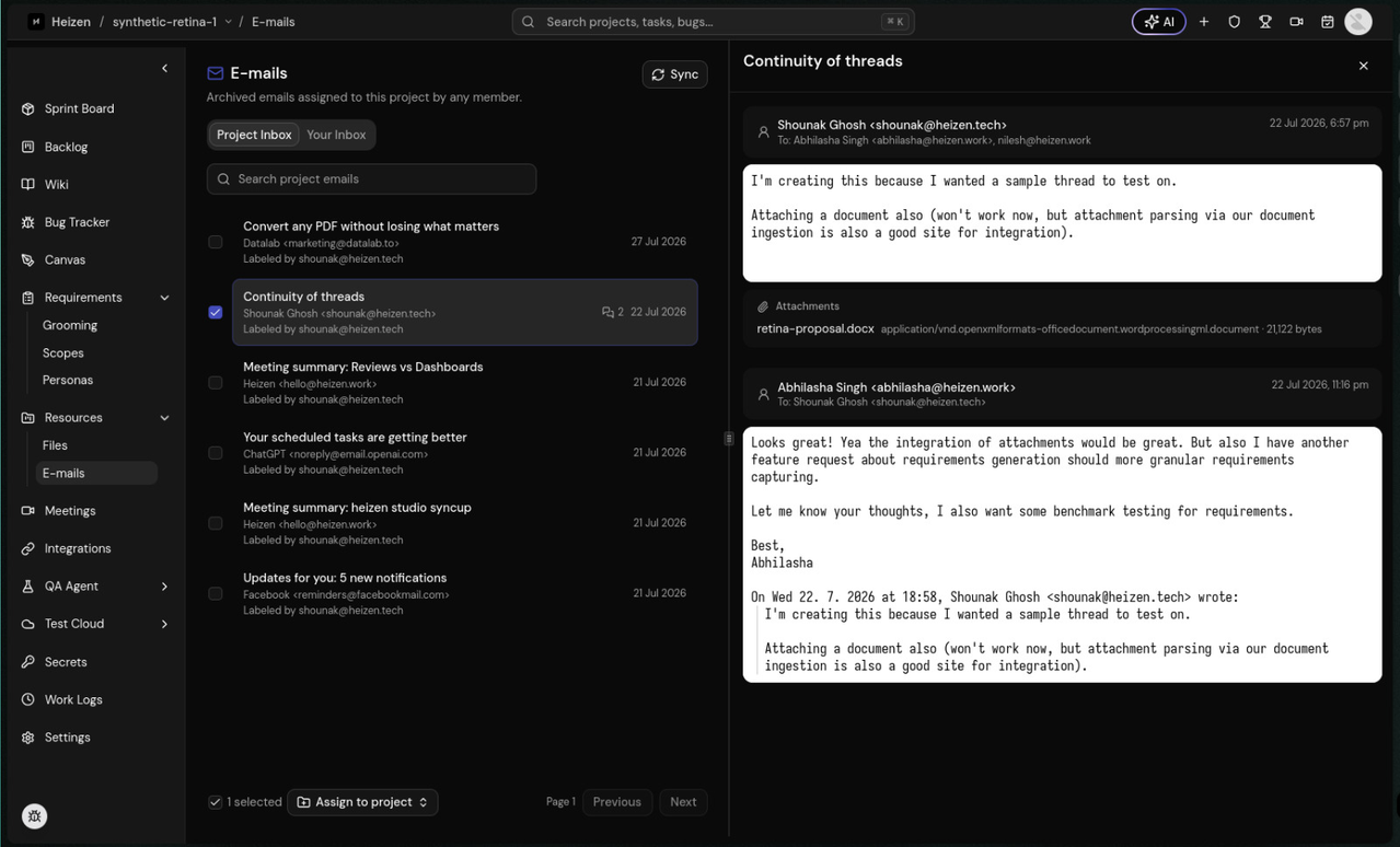 Shared project inbox and Gmail integration in Heizen Studio