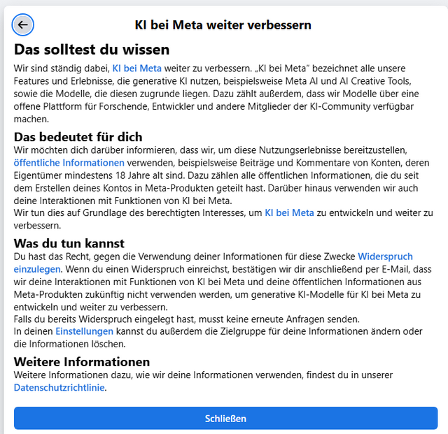 Infoseite bei Facebook zum AI-Widerspruch