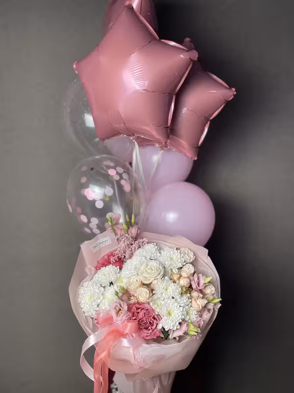 Кульки 12(рожева зірка 2 шт,2 латексні рожеві,2 латексні конфеті