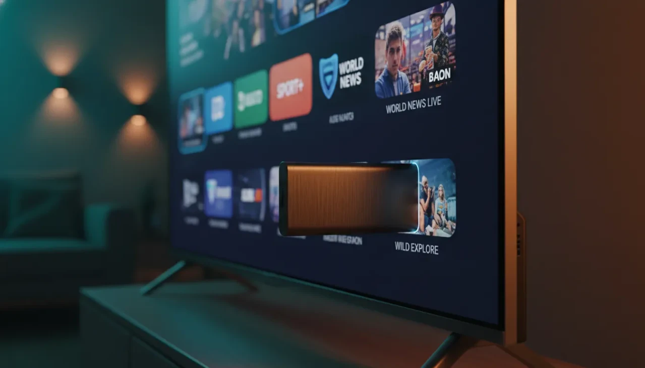 Fire TV Stick IPTV TiviMate Dashboard auf grossem TV-Bildschirm: vollstaendiges EPG-Raster mit deutschen Sendern und Amazon Fire TV Fernbedienung im Vordergrund